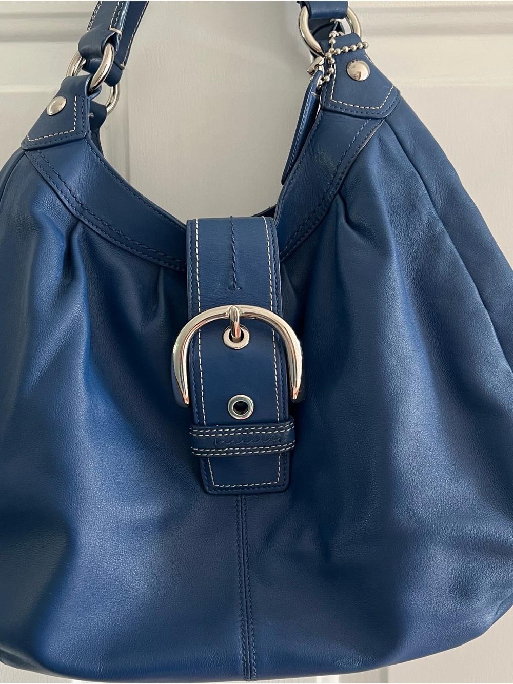 Coach Navy Blue Leather Shoulder Bag with Silver Hardware
